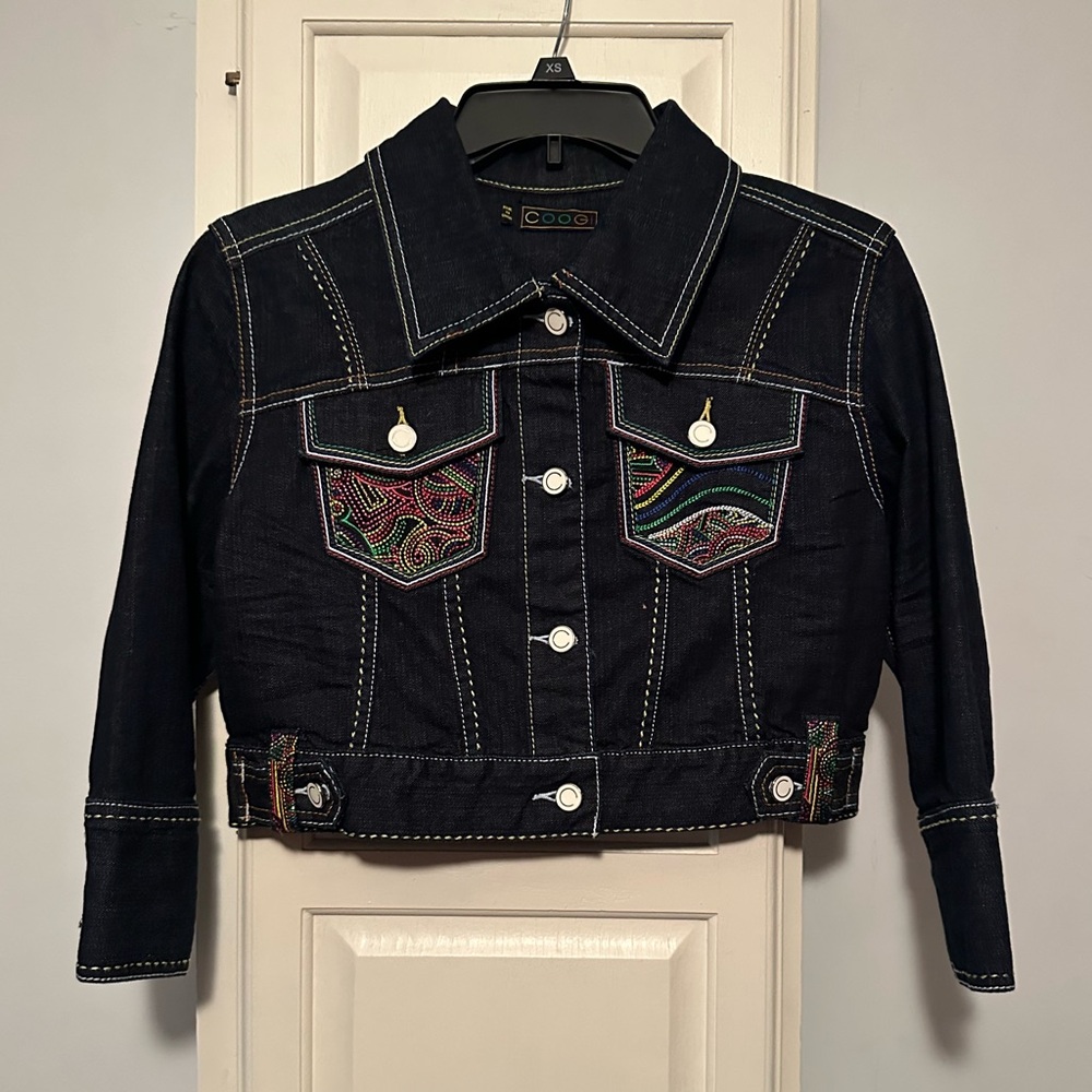 COOGI Cropped Jean Jacket with Multicolor Accents - Picture 1 of 7